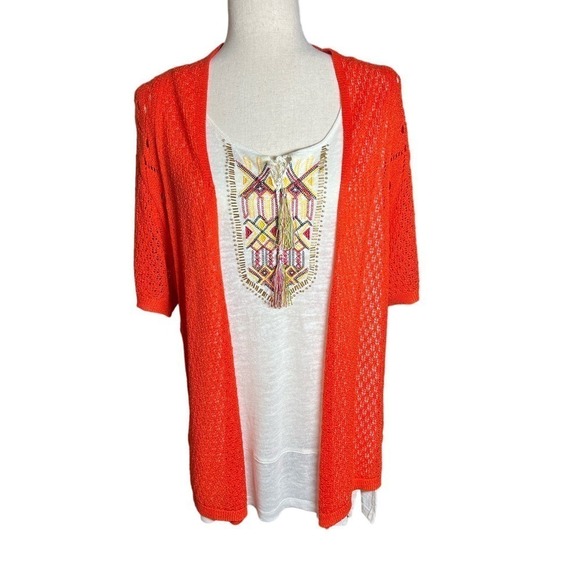 Lauren Michelle Open Front Cardigan w/Aztec Embroidered & Beaded Tank, size XL - Picture 1 of 15